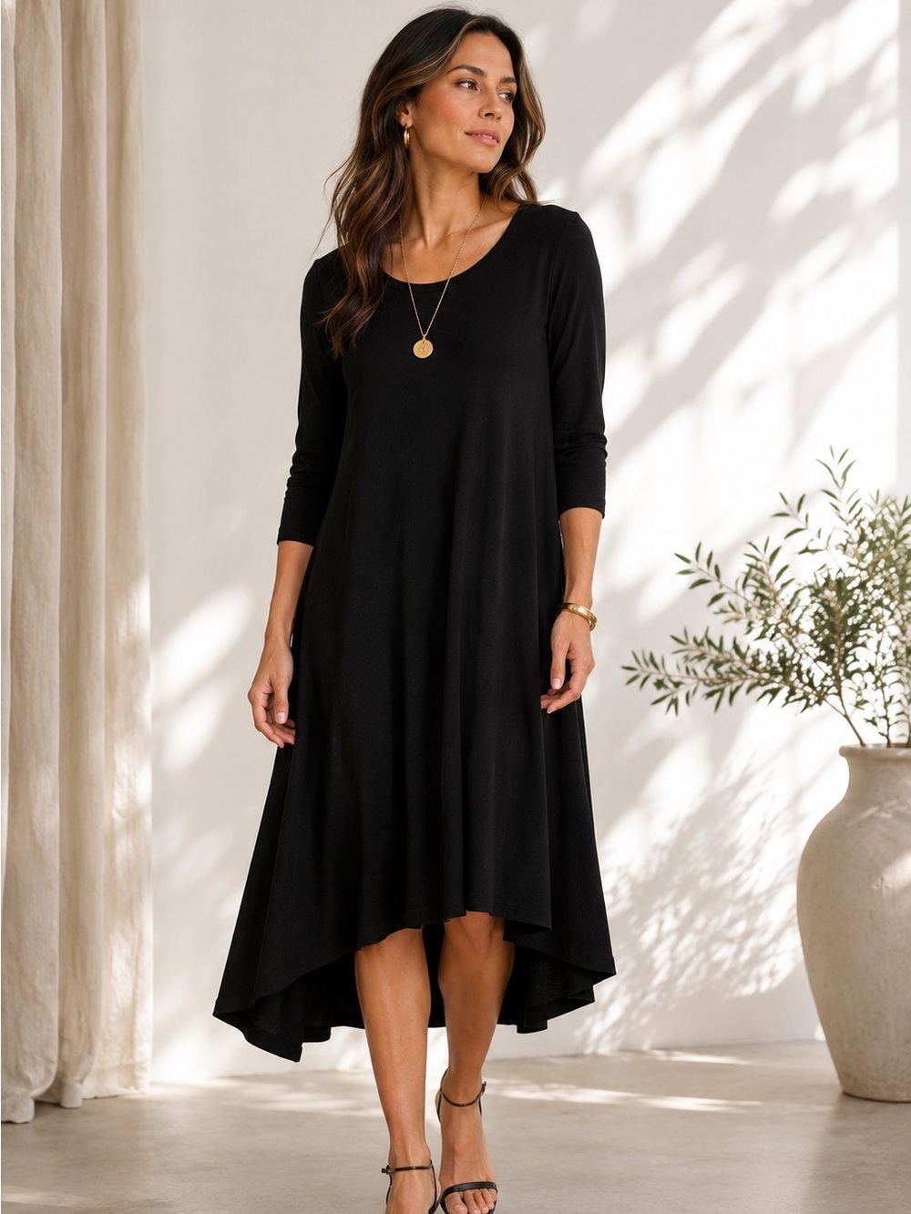 Brochu Walker Black Asymmetric Midi Dress Sz L Relaxed Minimalist Quiet Luxury